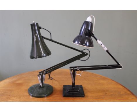 An vintage black anglepoise lamp with square base and one other anglepoise in dark green (sold as collector's item)
