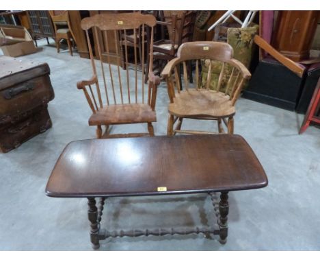 A stickback rocking chair; a smoker's bow armchair and an Ercol style coffee table