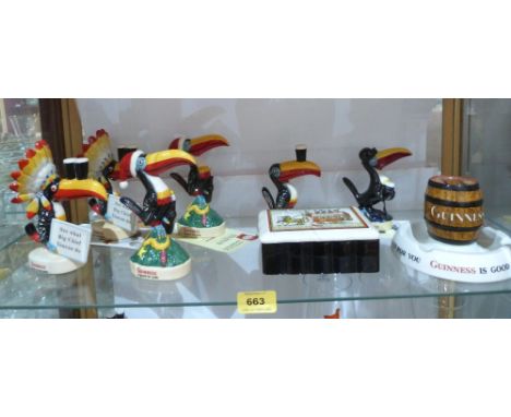 Six Royal Doulton Guinness toucans, a Minton's matchbox stand and a ceramic box with cover