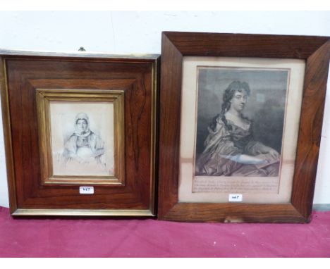 A 19th century English School pencil portrait drawing of a lady and an 18th century French engraving by F. Chereau. Both in r