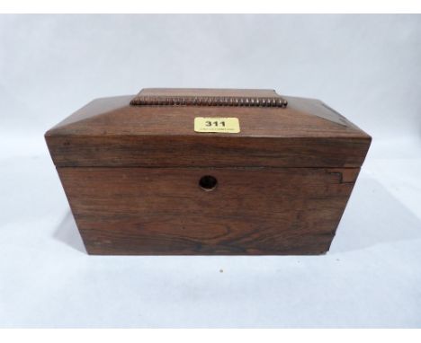 A Regency rosewood sarcophagus tea caddy. 11' wide. Lids lacking