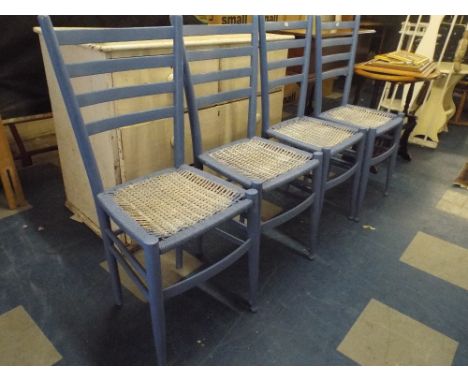 Four Blue Painted Ladder Back Chairs.