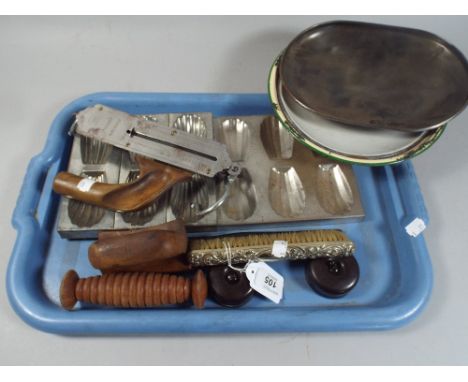 A Tray of Kitchen Wares to Include Moulds, Spring Balance, Light Switches Etc.