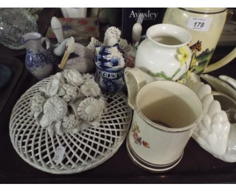 A Tray of Ceramics to Include Hunting Tankard, Animal and Bird Ornaments, Vases Etc. 