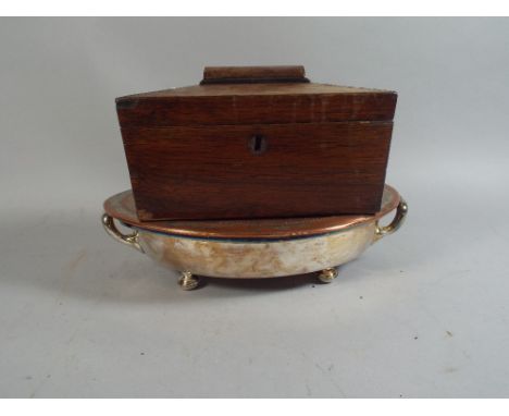 A Sarcophagus Tea Caddy for Restoration and A Silver Plated Two Handled Tureen With Copper Top.