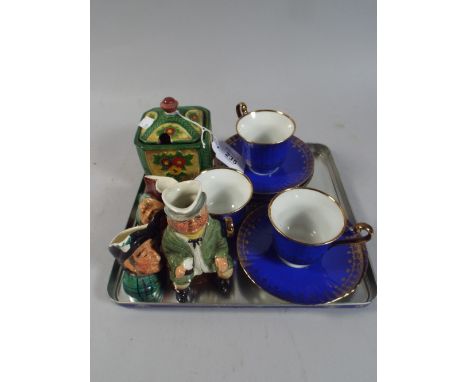 Three Small Toby Jugs, Continental Cups and Saucers and A Preserve Pot. 