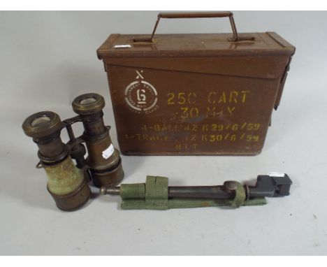A Pair of Binoculars, Ammunition Box and A Bayonet.