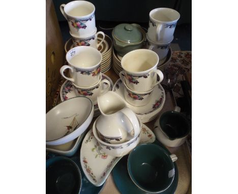 A Tray Containing Royal Doulton Autumns Glory Tea Set, Denby Green Wheat Cups and Saucers and Jug, Langley Plates Etc. 