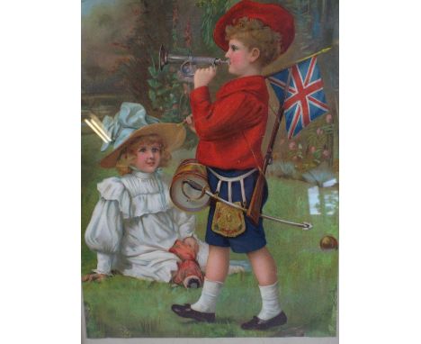 A Framed Print Depicting Seated Girl and Boy Playing as Soldier. 