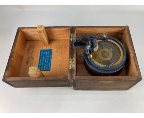 An aeronautical compass, type 03 No. 256 H, in brass and grey painted metal case, with viewing prism, (a/f) in fitted wooden 