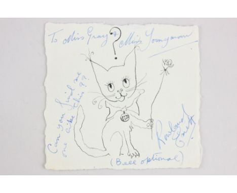 Rowland Emett (1906-1990) whimsical sketch of a cat character with annotations, pen and ink, signed. Rowland Emett was amongs