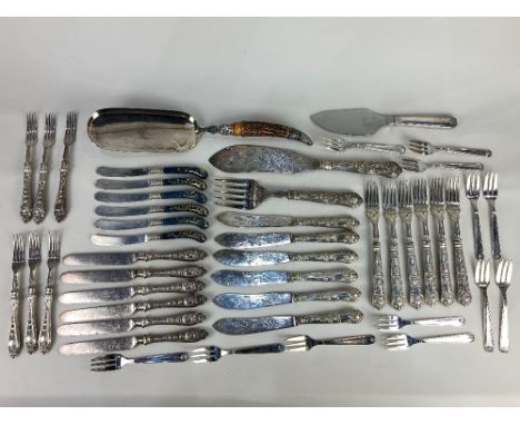 A set of six silver mounted dessert knives, with blue ceramic handles decorated with gilt floral design, maker John Round &am