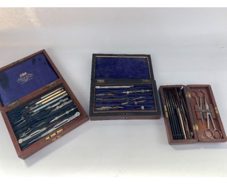 A W. H. Harling draughtsmans part set in mahogany case, another partial set of geometry tools in case, and a 19th century Chi
