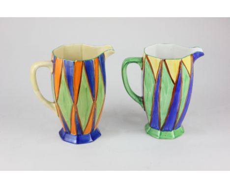 A Clarice Cliff 'Bizarre' Newport pottery jug, of faceted form, decorated with repeat triangles in blue, yellow and green wit