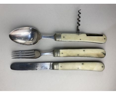 A late 19th / early 20th century set of silver plate and bone handled campaign set, comprising a folding fork, spoon with cor