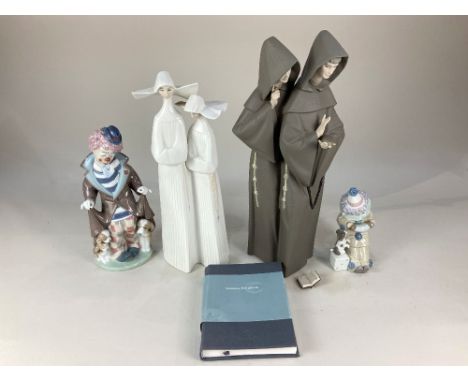 Four Lladro porcelain figures, including Pierrot with Concertina, Surprise, Nuns and Monks (a/f), with a Lladro seasons noteb