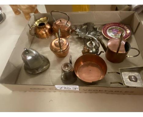 A quantity small items including copper kettle, police helmet bell &amp; small Limoges plate 