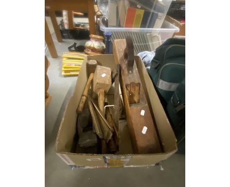 A quantity of vintage carpenters tools etc., including planes, measures and corkscrews 