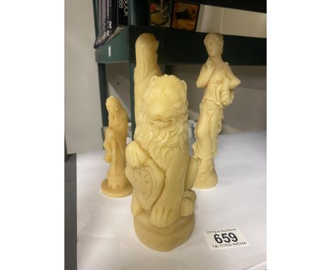 4 vintage classical figures including heraldic lion, possibly wax/soap? 