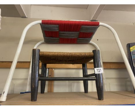 A vintage oak footstool with rope twist seat and 1 other COLLECT ONLY 