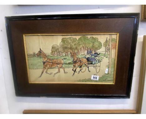 A framed 7 glazed line &amp; colour wash picture of tandem horse trap/carriage, signed Frank Stonelake (64cm x 43cm ) COLLECT