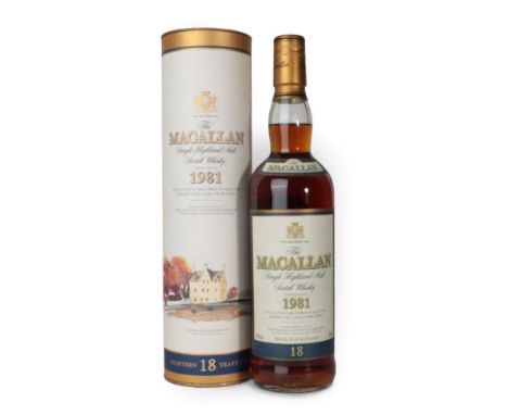 The Macallan Single Highland Malt Scotch Whisky 18 Years Old, distilled 1981, 43% vol 700ml, in original cardboard tube (one 