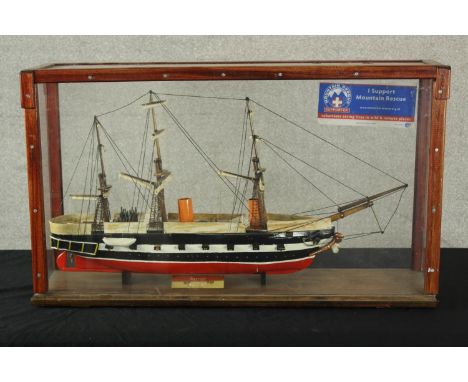 A cased scale model a three mast galleon boat, with brass plaque, Warrior 1861-1892.H.50 W.84 D.20cm. 