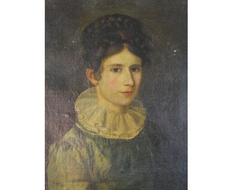 A 19th/early 20th century, portrait of a young girl wearing a blue dress, oil on canvas, unsigned and framed. H.58 W.50cm 