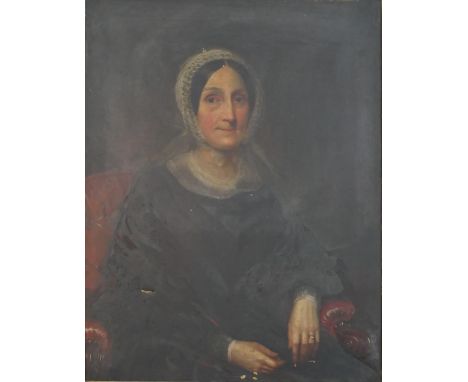 A 19th century portrait of a seated lady wearing black dress, oil on canvas, unsigned, in a gilt frame. H.114 W.94cm 