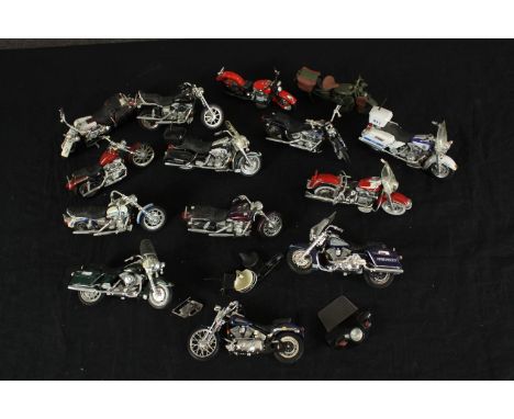 A collection of fourteen unboxed scale model Harley Davidson motorbikes. H.8 W.13 D.3cm. (largest) 