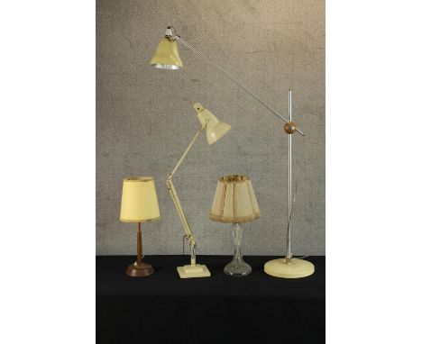 Two mid 20th century angle poise lamps, together with a cut glass table lamp and a copper table lamp. H.120cm. (largest) 