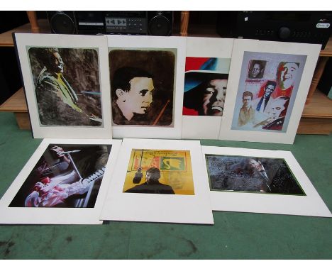 Seven photographic prints of works by David Oxtoby featuring Rock n' Roll legends including Elvis Presley, Bill Haley, Fats D