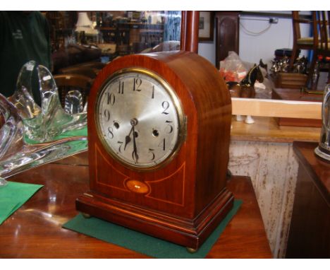 A inlaid mahogany mantel clock with three train movement - height 35cm CONDITION REPORT pendulum present but no keyOur team o