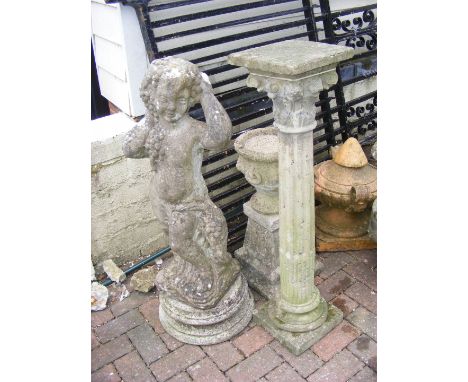 A garden column plinth, together with constituted stone cherub and a planter on plinth 