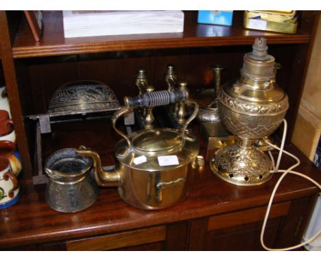 Metalware, including brass teapot 