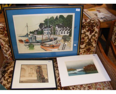 A Limited Edition print of fishing boats in harbour - signed bottom right, together with a Limited Edition print of duck shoo