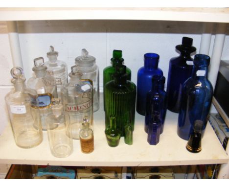 Assorted vintage Chemist's bottles, including green and blue coloured glass 