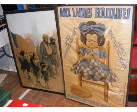 A French wool advertising poster together with a print of Military scene
