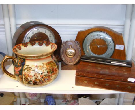 Two vintage wooden cased mantel clocks, a pocket watch and chain on horseshoe stand and other sundry items 