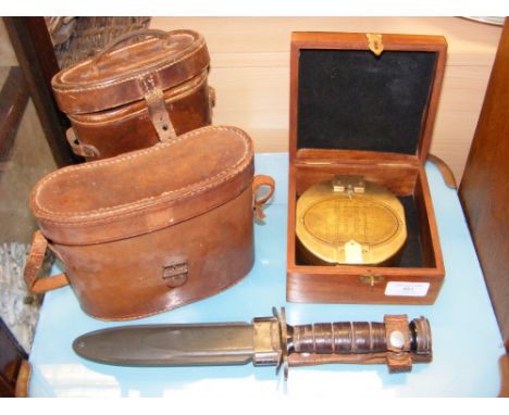 Two sets of binoculars, a military knife and a Stanley of London nautical brass compass in box  CONDITION REPORT We have atta
