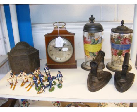 A vintage Christian Orthodox religious icon hexagonal box with hinged lid, two Victorian painted glass Stein mugs, cast metal