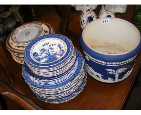 'Real Old Willow' plates with other plate ware and an Adams Jasper ware planter 