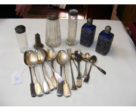 A selection of silver flatware, together with scent bottles etc.