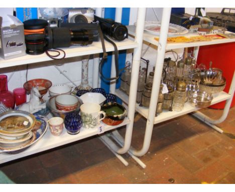 A sundry lot of collectable glass, ceramic and metalware - on two shelves 