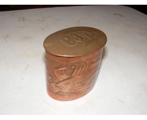 A Newlyn Arts & Crafts copper tea caddy, the top embossed 'Tea' with fish design and Newlyn mark to base - 8.5cm high CONDITI