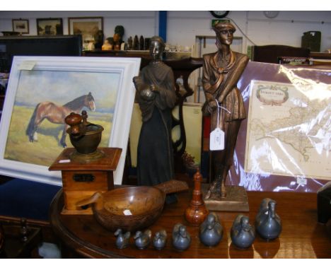 A vintage Pe De German coffee grinder, together with graduating lead ducks and other ornaments 