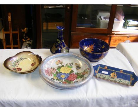 A George Jones blue ground bowl, lustre ware ceramic tray with galleon design etc.