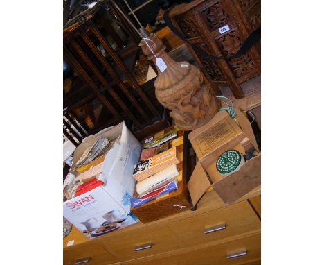 A sundry lot of collectables, including Isle of Wight related slides and postcards, a carved elephant scene table lamp, chess
