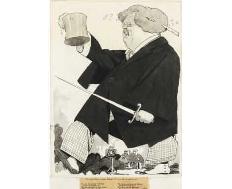 Original artwork.- Anonymous. G. K. Chesterton, pen, black ink, with black and grey wash, cartoon in the style of W. Heath Ro