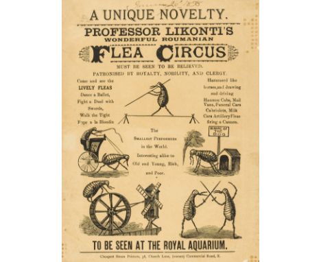 Flea Circus.- Professor Likonti's Wonderful Roumanian Flea Circus, illustrated printed poster, fold, slightly creased, right 